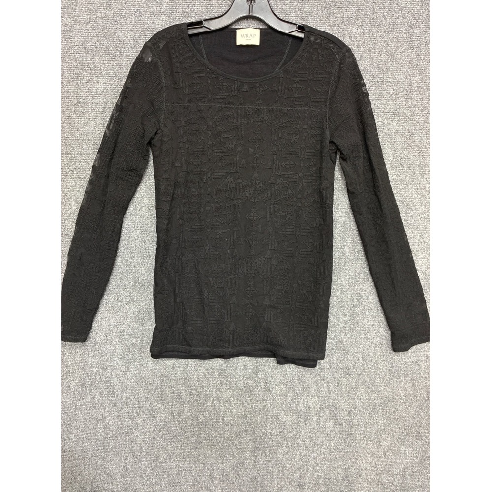 Wrap London Black Viscose Linen Mesh Embroidered Long Sleeve Top WJ62 US 4